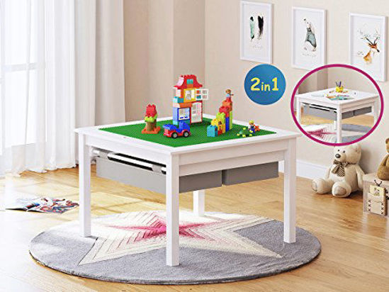 Picture of UTEX 2 in 1 Kids Construction Play Table with Storage Drawers and Built in Plate (White)