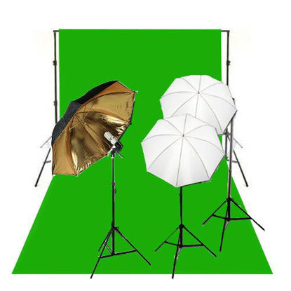 Picture of CowboyStudio 675W Reflective Soft Umbrella Triple Lighting Kits, Backdrop Support, and 6'x9' Chromakey - Green Muslin Backdrop