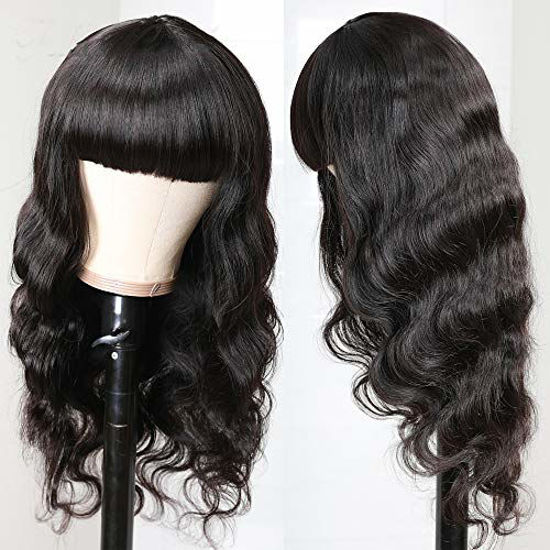 Picture of Body Wave Wigs With Bangs Brazilian None Lace Front Wigs Virgin Human Hair Wigs 150% Density Glueless Machine Made Wigs For Black Women (26 inch, Body wave)