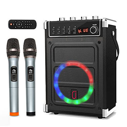 Picture of JYX Karaoke Machine with 2 Wireless Microphones, Bass/Treble Adjustment and LED Light, Support TWS, AUX In, FM, REC, Supply for Party/Adults/Kids - Black