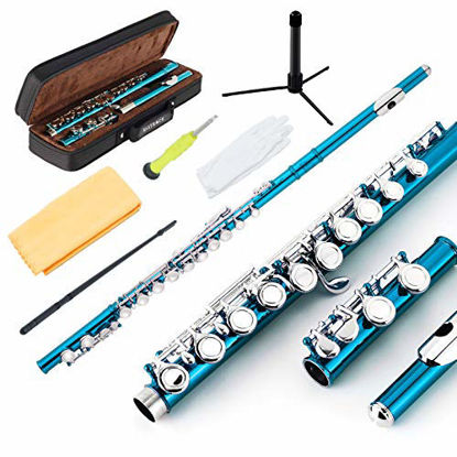 Picture of EastRock Closed Hole Flutes C 16 Key for Beginner, Kids, Student -Nickel Flute with Case Stand and Cleaning kit (Sea Blue)