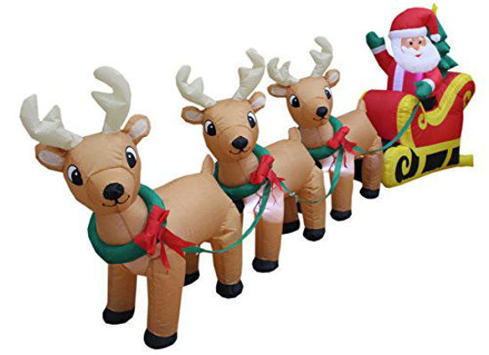 Picture of 8 Foot Long Christmas Inflatable Santa Claus on Sleigh with 3 Reindeer and Christmas Tree LED Lights Outdoor Indoor Holiday Decorations Blow up Lawn Inflatables Home Family Decor Yard Decoration