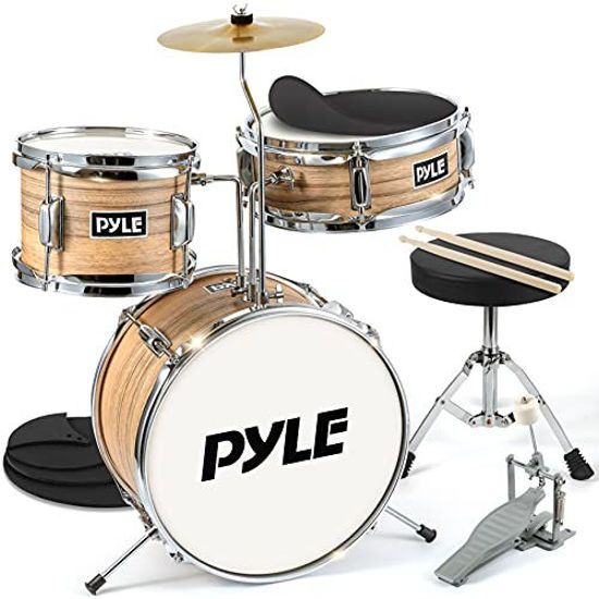 Picture of Pyle 3-Piece Kids Drum Set - 13" Complete Junior Drummer Kit with Wooden Shells, Bass & Foot Pedal, Snare, Tom, Cymbal w/Stand, Pair of Drumsticks, Adjustable Comfortable Padded Throne, For Beginner