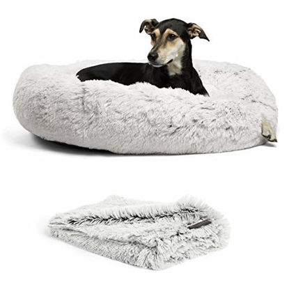 Picture of Best Friends by Sheri Bundle Set The Original Calming Shag Donut Cuddler Cat and Dog Bed + Pet Throw Blanket Frost Large 36" x 36"