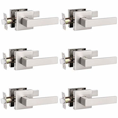 Picture of 6 Pack Probrico Square Door Lever Door Lock Handle Lockset Keyless Doorknobs Passage Knobs Lockset Interior Hallway Passage Closet in Satin Nickel