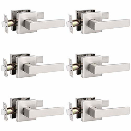 Picture of 6 Pack Probrico Square Door Lever Door Lock Handle Lockset Keyless Doorknobs Passage Knobs Lockset Interior Hallway Passage Closet in Satin Nickel