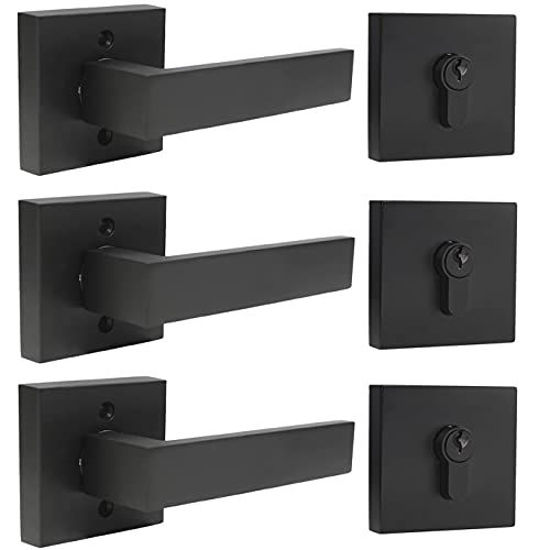 Picture of Probrico Flat Black Passage Door Lever with Single Cylinder Deadbolts Combo Pack, Modern Square Lock Set Handleset,Exterior Door Handle and Deadbolts Set,Exterior Door Lever Passage 3 Pack