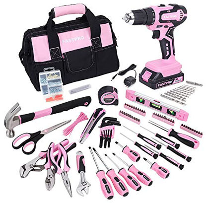 Picture of FASTPRO 232-Piece 20V Pink Cordless Lithium-ion Drill Driver and Home Tool Set, Lady's Home Repairing Tool Kit with 12-Inch Wide Mouth Open Storage Tool Bag