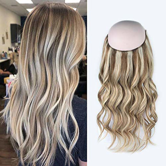 Picture of Sassina Halo Hair Extensions Real Human Hair One Hairpiece for a Full Head with Invisible Fish Line Highlight Ash Blonde to Platinum Blonde P8/60# 20 Inch 120 Gram