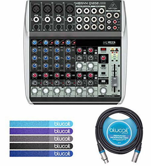 Behringer XENYX Q1202USB 2-Bus Mixer with USB Audio Interface Bundle with  Blucoil 10-FT Balanced XLR Cable, and 5-Pack of Reusable Cable Ties