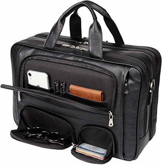 Picture of YOGCI Mens Real Leather Briefcase Business Travel Messenger Bag Fits 17 Inch Laptop YKK Zipper (Black)