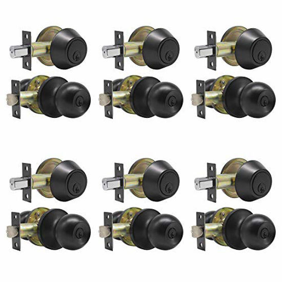 Picture of Probrico Front Door Keyed Entry Knobs and Single Cylinder Deadbolt Combo Sets, Flat Black, Keyed Alike Locksets,6 Pack