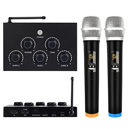 Picture of Portable Karaoke Microphone Mixer System Set, with Dual UHF Wireless Mic, HDMI-ARC / Optical / AUX & HDMI in/Out in Singing Receiver for Smart TV, PC, KTV, Home Theater, Amplifier, Speaker