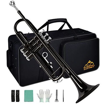 Picture of Eastrock Black Brass Standard Bb Trumpet Instrument with Carrying Case,Gloves, 7C Mouthpiece and Cleaning Kit for Student Beginner