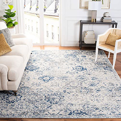 Picture of SAFAVIEH Madison Collection MAD611C Boho Chic Floral Medallion Trellis Distressed Non-Shedding Living Room Dining Bedroom Area Rug 8' x 8' Square White/Royal Blue