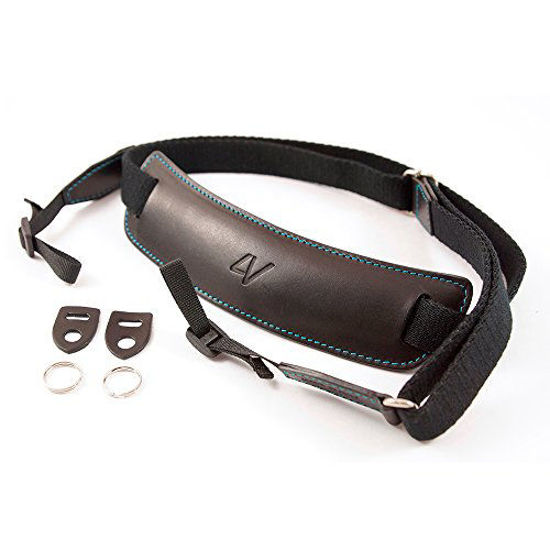 4V Design Lusso Tuscany Leather Medium Handmade Leather Camera Strap  w/Universal Fit Kit, Black/Cyan (2MP01BVV0930)