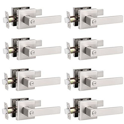 Picture of 8 Pack Probrico Square Privacy Door Levers Door Lock Hardware Handle Storage Room Bathroom Keyless Lever Square Rose in Satin Nickel Adjustable Latch Backset-Door Lever-DL01