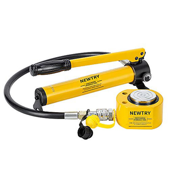 Picture of NEWTRY 5T Low Profile Hydraulic Jack Porta Power Kit + CP-180 Manual Hydraulic Hand Pump , Industrial Mini Hydraulic Cylinder, Stroke 0.24