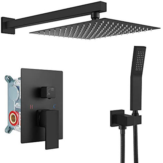 Picture of gotonovo Rain Shower System Matte Black Square 12 Inch Shower Head with Hand Held Shower Rough in Valve Rainfall Shower Complete Combo Set Wall Mounted Bathroom