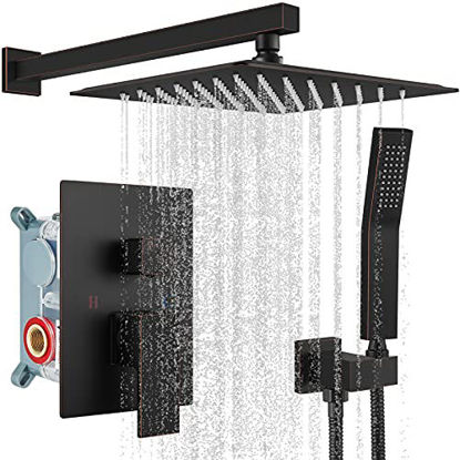 Picture of Rainfall Shower System Oil Rubbed Bronze with High Pressure 10 inch Shower Head Hand Held Square Shower Head Bathroom Luxury Rain Mixer Shower Complete Combo Set Wall Mounted