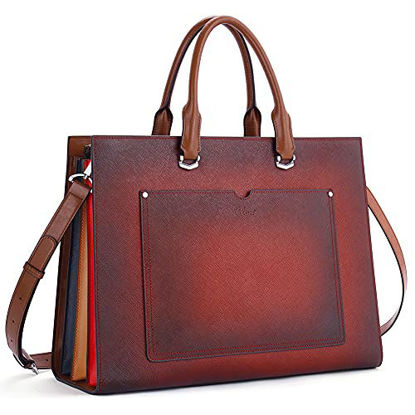 Picture of CLUCI Leather Briefcase for Women Vintage Laptop 15.6 Inch Slim Large Business Ladies Work Shoulder Bag Brown Wine Red Cross Pattern