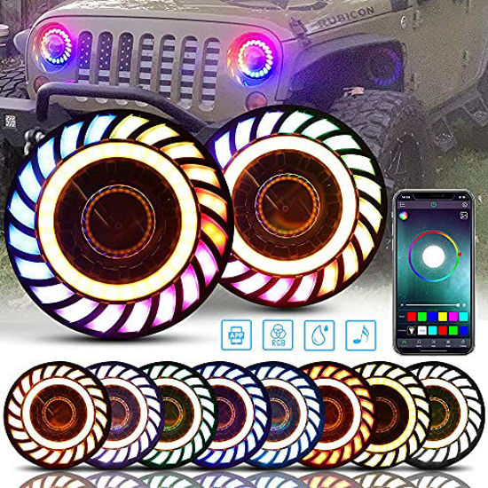 Picture of SUNPIE 7 inch Upgraded Stylish Colorful Rotating RGBW Halo Projector LED Headlights for J eep Wrangler IP67 Waterproof APP Control Custom Colors, Voice Mode for 2007-2018 JK/JKU,1997-2006 TJ/TJU