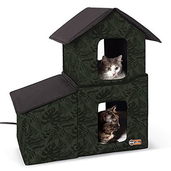 Picture of K&H PET PRODUCTS Two-Story Outdoor Kitty House with Dining Room Heated Green Leaf 22 X 27 X 27 Inches