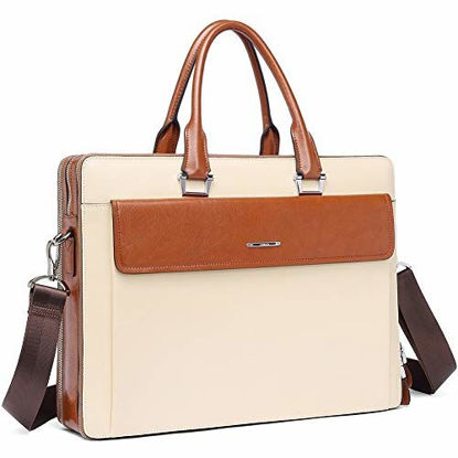 Picture of Women Oil Wax Leather Briefcases Slim Large Business 15.6" Laptop Vintage Shoulder Bag for Men Beige with brown