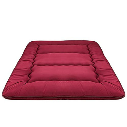 Picture of Japanese Floor Mattress Futon Mattress Thicken Tatami Mat Sleeping Pad Roll Up Mattress Floor Lounger Bed Folding Couch Bed Mattress Pad for Guest Room, Burgundy, King Size