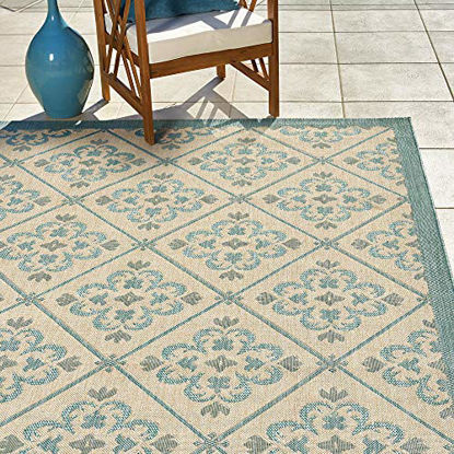 Picture of Gertmenian 22269 Outdoor Rug Freedom Collection Nautical Themed Smart Care Deck Patio Carpet, 8x10 Large, Diamond Flower Border Sand Oasis Green