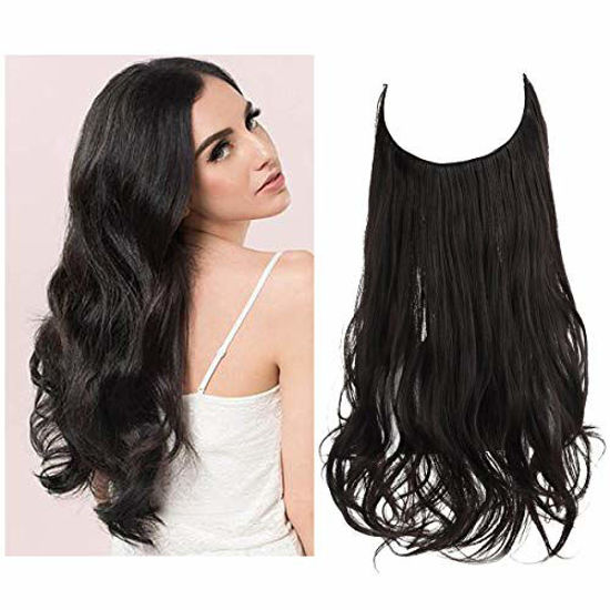 Picture of Hair Extensions Halo Wavy Curly Short Synthetic Hairpiece Black Brown Invisible Wire Adjustable Headband 14 Inch 3.7 Oz for Women Heat Resistant Fiber No Clip SARLA