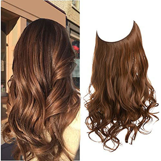 Picture of Halo Hair Extension Wavy Curly Long Synthetic Hairpiece Light Auburn 16 Inch 3.9 Oz Secret Wire Adjustable Headband for Women Heat Resistant Fiber No Clip SARLA