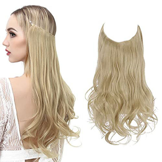 Picture of Pale Ash Blonde Hair Extension Halo Adjustable Transparent Wire Headband Wavy Curly Short Synthetic Hairpiece 14 Inch 3.7 Oz for Women High Temperature Fiber No Clip SARLA