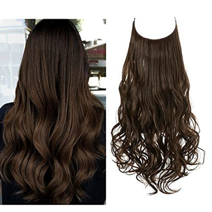 Picture of SARLA Dark Brown Halo Hair Extensions Short 14Inch 3.6 Oz Wavy Curly Synthetic Hairpiece Adjustable Transparent Wire Headband No Clip for Women Heat Resistant Fiber