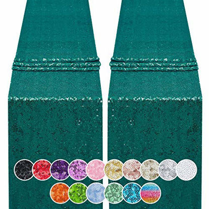 Picture of 2PCS 12x72 Inch Sequin Table Runner Hunter Glitter Table Runner for Party, Wedding, Bridal Baby Shower, Event Decorations2PCS, 12x72 Inch, Hunter