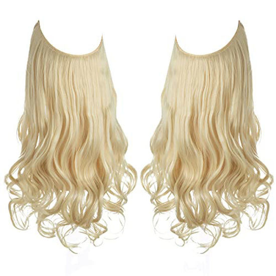 Picture of Halo Hair Extensions Wavy Curly Short Synthetic Hairpiece Transparent Wire Adjustable Headband Beach Blonde 14 Inch 3.7 Oz for Women Heat Resistant Fiber No Clip SARLA