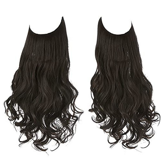 Picture of SARLA Halo Hair Extensions Black Brown Long Wavy Curly Synthetic Hairpieces for Women Adjustable Size Transparent Wire Headband Heat Friendly Fiber 22 Inch 5.3 Oz No Clip