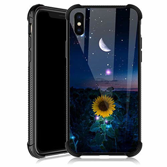 Picture of iPhone XR Case,Sunflower Moon Star Sky iPhone XR Cases for Girls,Tempered Glass Back Cover Anti Scratch Reinforced Corners Soft TPU Bumper Shockproof Case for iPhone XR Night Crescent