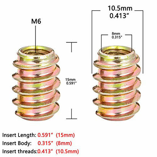 Picture of PGMJ 80 Pieces M6 Flush Nut Inserts Wood Bolt Furniture Headless Screw in Nut Threaded Fastener Connector for Wood Furniture Assortment(M6x15mm-H)