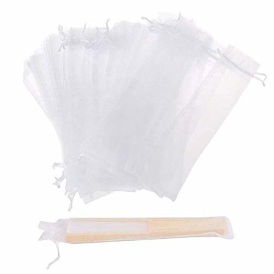 Picture of Bezall 50Pcs Organza Hand Fan Bags, 2x10 Inches White Folding Fan Drawstring Bag Hand Fan Decorative Pouch Party Wedding Favor Gift Bags