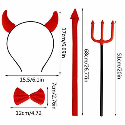 Picture of Jmkcoz Halloween Devil Costume Set Devil Horn Headband Red Devil Tail Bowtie Devil Red Pitchfork Demon Cosplay Hair Hoop Accessories for Carnival Themed Party Prop Costume Decoration