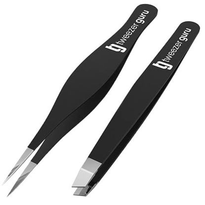 Picture of Tweezer Guru Eyebrow Tweezers for Women & Men - Set of 2, Professional, Stainless Steel, Slant and Pointed Tweezers for Ingrown Hair, Splinters and Blackhead Removal (Black)