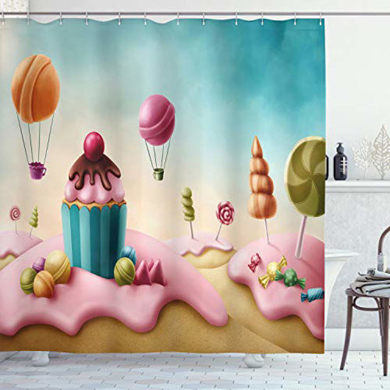 Picture of Ambesonne Fantasy Shower Curtain, Surreal Candyland Cupcake Bonbon Lollipops Food Delicious Sweets, Cloth Fabric Bathroom Decor Set with Hooks, 70" Long, Multicolor