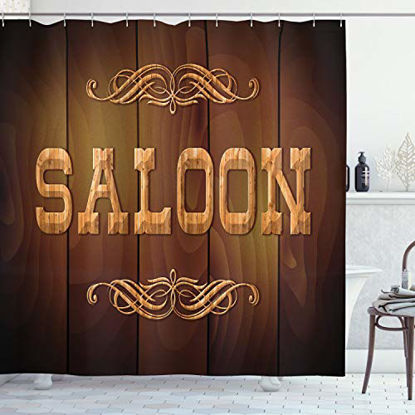 Picture of Ambesonne Western Shower Curtain, Wooden Sign Saloon and Curly Ornaments on a Wood Wall Classic American Bar Print, Cloth Fabric Bathroom Decor Set with Hooks, 70" Long, Caramel Brown