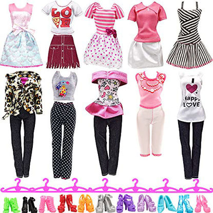 Picture of BM 30 Pcs Fashion Casual Handmade Doll Clothes Sets and Accessories for 11.5 Inch Dolls Includes 5 Dress + 5 Sets Outfit + 10 Pairs Shoes + 10 Hangers