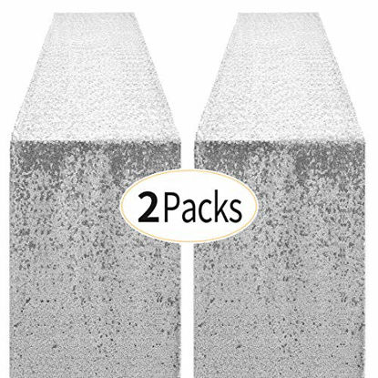 Picture of Pufogu 2 Packs 12 x 72 inches Silver Sequin Table Runner, Glitter Runner for Birthday Party Supplies Decorations Wedding Bachelorette Holiday Celebration Bridal Shower Baby Shower