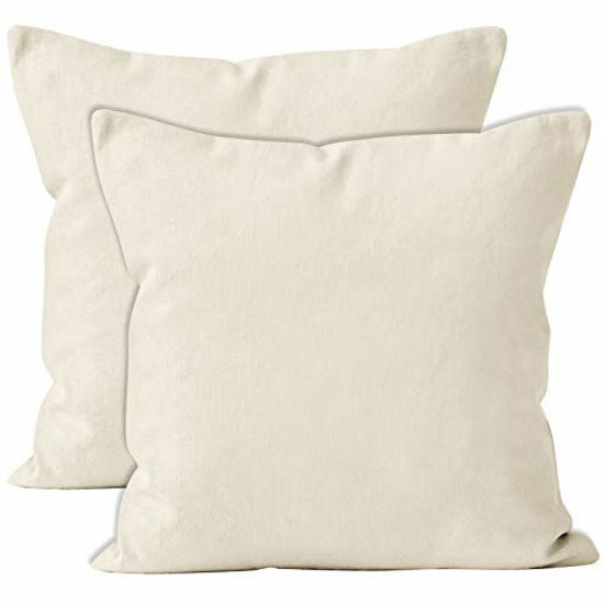 Picture of Encasa Homes Throw Pillow Cover 2pc Set - Natural - 16 x 16 inch Solid Dyed Cotton Canvas Square Accent Decorative Cushion Case for Couch Sofa Chair Bed & Home