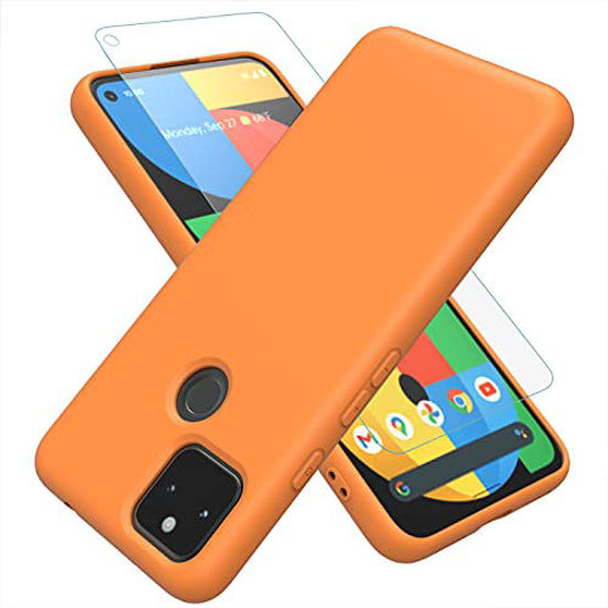 Picture of Weycolor Google Pixel 5A 5G Case, with Tempered Glass Screen Protector [2 Pack] Liquid Silicone Slim Soft TPU Fit Drop Protection Phone Case for Google Pixel 5A (Orange)