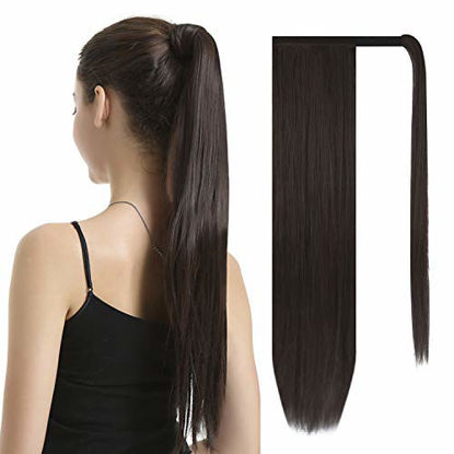 Picture of BARSDAR 28 inch Ponytail Extension Long Straight Wrap Around Clip in Synthetic Fiber Hair for Women - Darkest Brown