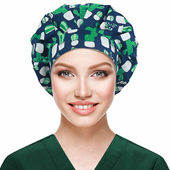 Picture of ABAMERICA Bouffant Caps with Button and Sweatband,Adjustable Working Hats for Women Men,One Size Fits All (Cactus)